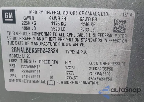 2015 Chevrolet Equinox 1Lt from USA, damaged, VIN 2GNALBEK5F6242324